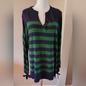 Ann Taylor Navy and Green Striped Women's Top Sz M